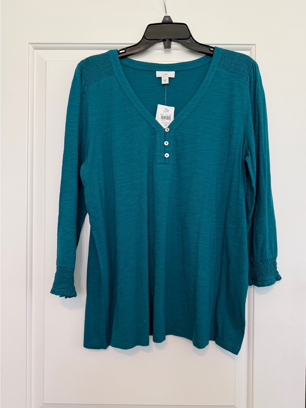 NWT J. Jill Oceanside Teal Blue 3/4 Sleeve Henley with Smocked Shoulders Medium